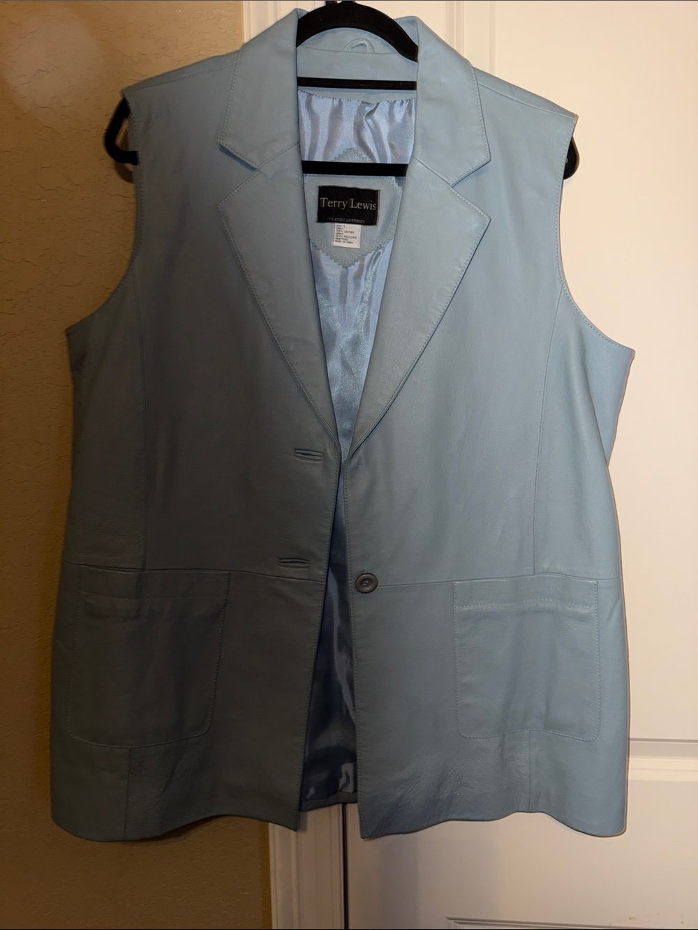 Terry Lewis Classic Luxuries Light Blue Sleeveless Leather Blazer